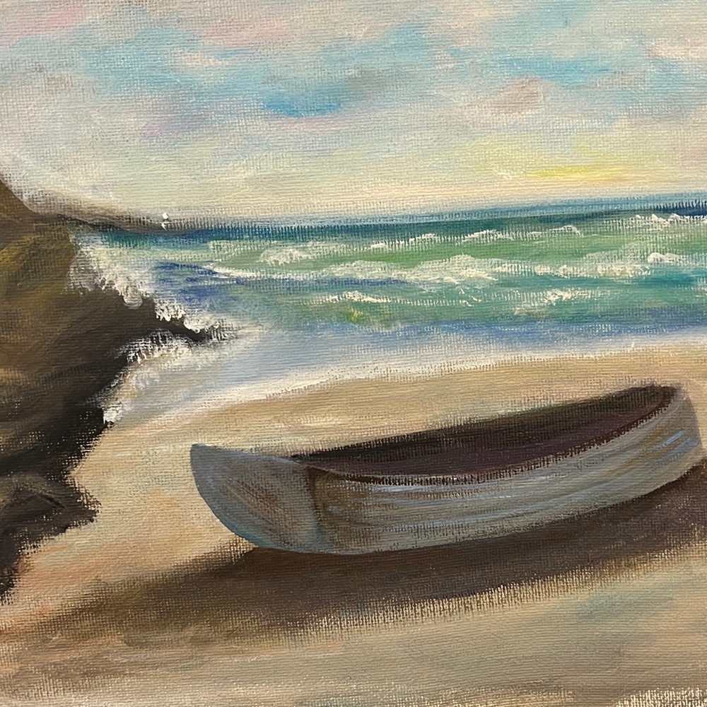 Original hand painted landscape boat, beach wall, art decor